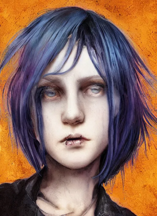 Prompt: medium shot, grunge style, nice pale twelve years old girl witch with midnight blue hair, messy dyed in midnight blue bob cut hairstyle, amber oval eyes, grunge clothes, jeans, high boots, dynamic pose, digital art, highly detailed, sharp focus, digital painting, artwork by Rutkowsky, by Victor Adame Minguez by Yuumei by Tom Lovell by Sandro Botticelli