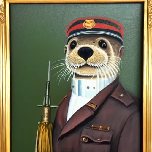 Image similar to oil painting of an anthropomorphic otter in military uniform