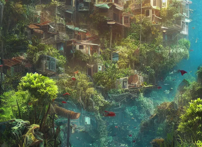 Image similar to overgrown foliage overtaking favela, underwater environment, buildings, coral, scenery, professional, award - winning, trending on artstation, detailed, realistic, beautiful, emotional, shiny, golden, picture