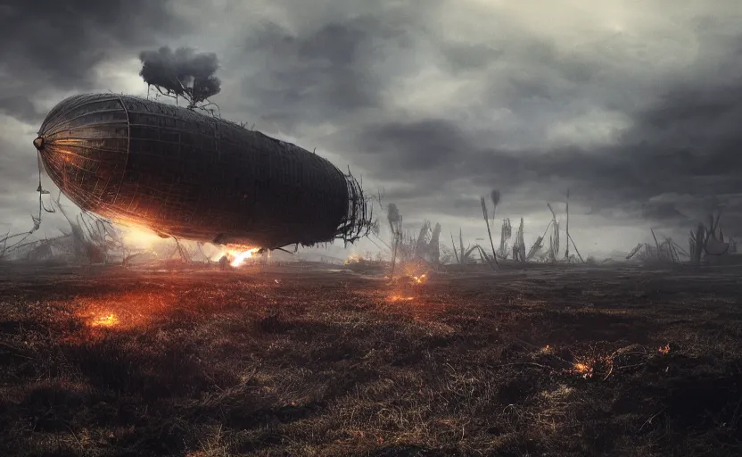 Image similar to an immense steampunk airship crashed and burning in a field, thick black smoke billowing, turbulent storm clouds, dystopian, fog, sharp focus, octane render, imax