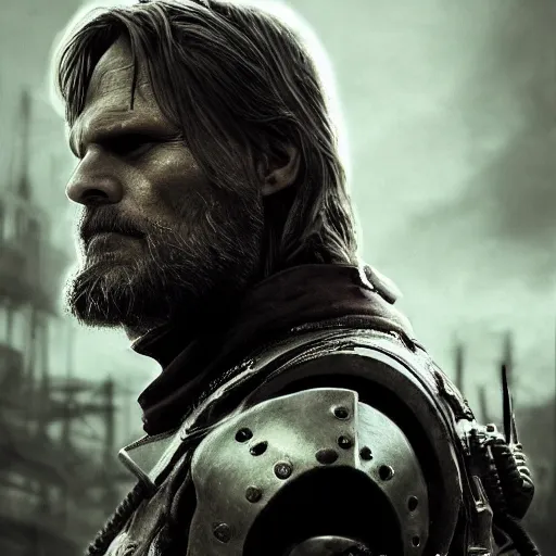 Image similar to viggo mortensen portrait, dystopia core, apocalyptic, armor, warrior, dramatic, sharp focus, fiction, neon, fantasy, hyper detailed, digital art, trending in artstation, cinematic lighting, studio quality, smooth render, unreal engine 5 rendered, octane rendered, art style and nixeu and wlop and krenz cushart