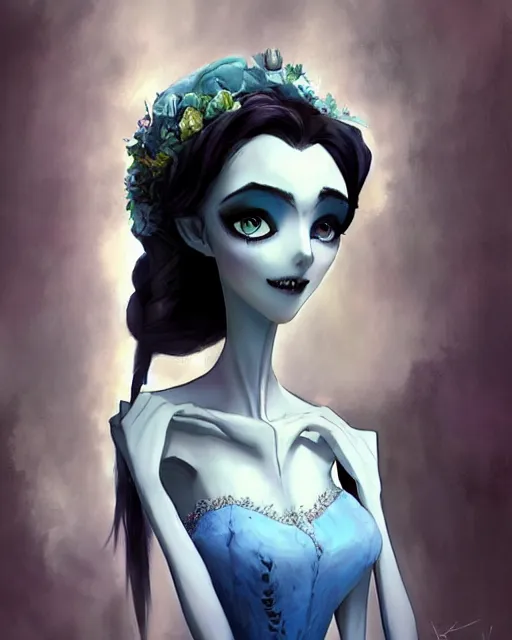 Image similar to elegant mysterious solemn zombie victoria everglot from the corpse bride, portrait, illustration, rim light, top light, summer clear blue sky, perfectly shaded, soft painting, art by krenz cushart and wenjun lin