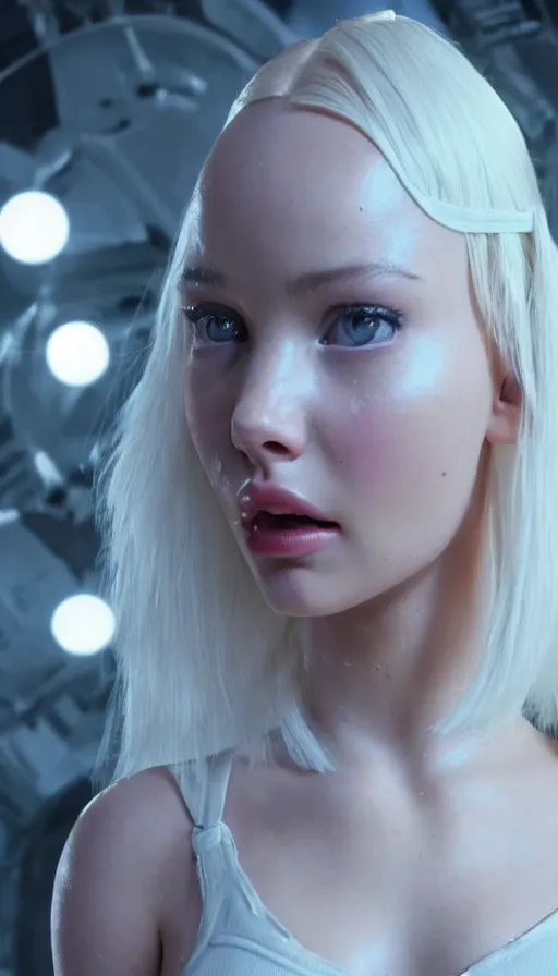 Image similar to a young woman who is a mix of dove cameron and madison beer and milla jovovich and jennifer lawrence stars as leeloo in the 2 0 2 4 remake of the 5 th element, wearing white scifi bandages, cinematic still, promotional photo, 8 k hdr, dramatic pose