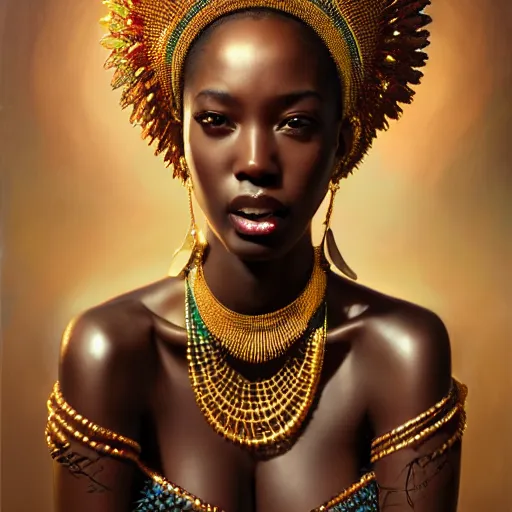 Prompt: expressive oil painting, of alluring jamaican princess, smooth glowing skin, oiled body, pretty eyes, love, adoration, ornate african headpiece of black beads, tattoo, glamour shot, by yoshitaka amano, by greg rutkowski, by jeremyg lipkinng, by artgerm, digital art, octane render