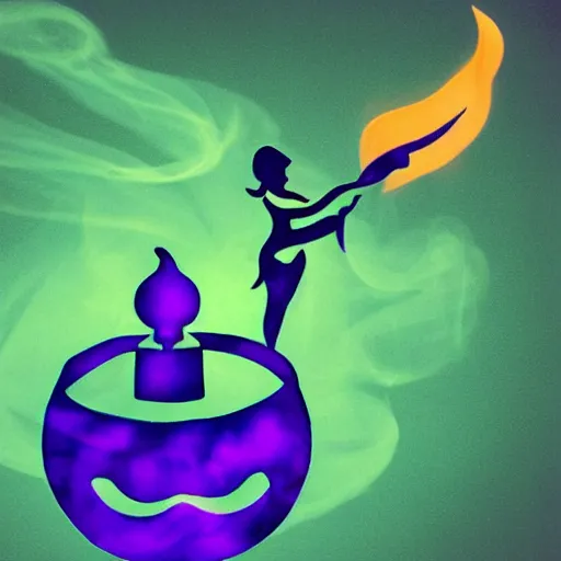 Image similar to magic lamp emitting colored smoke in the shape of genie girl