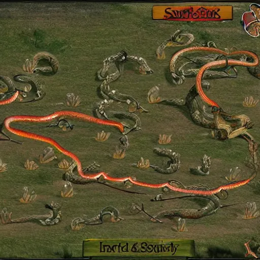 Prompt: army of snakes and squirrels battlefield