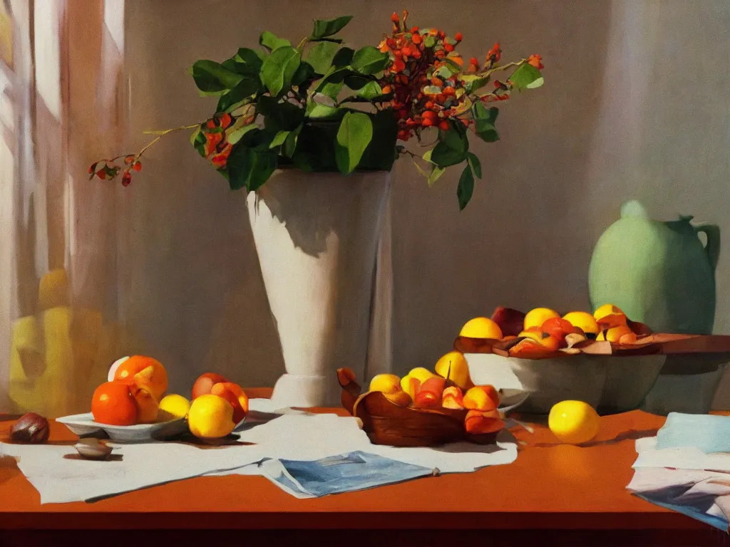 Image similar to 70s living room table with fruit basket, fine art, still life, the shinning stanley kubrick, god ray, cinematic, realistic, detailed, close up, volumetric lighting, painting in the style of Edward Hopper