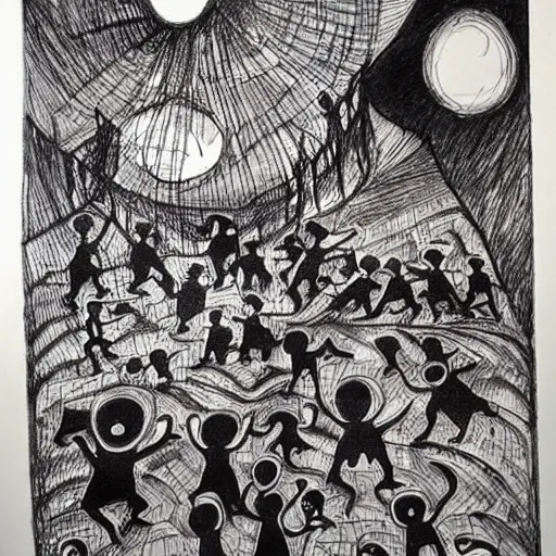 Image similar to abstract children’s drawing of the end of the world., horror,