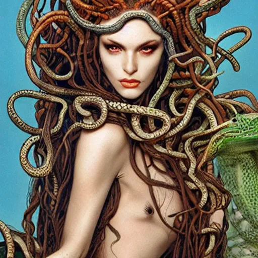 Prompt: head and shoulders vogue fashion photo of medusa with different species of snakes for her hair, d & d, fantasy, d & d, fantasy, luis royo, magali villeneuve, donato giancola, wlop, krenz cushart