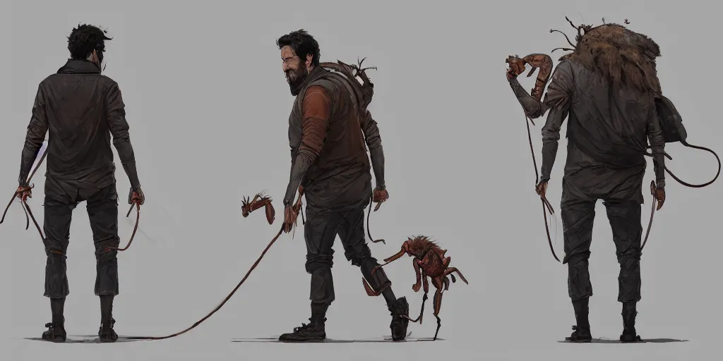 Image similar to cartoonish paul rudd walking his giant ant, character sheet, fine details, concept design, contrast, kim jung gi, greg rutkowski, trending on artstation, 8 k, full body, turnaround, front view, back view, ultra wide angle