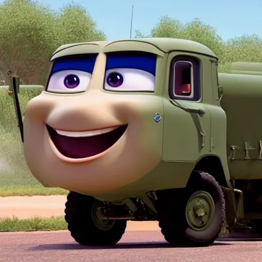 Prompt: himars in cars pixar movie