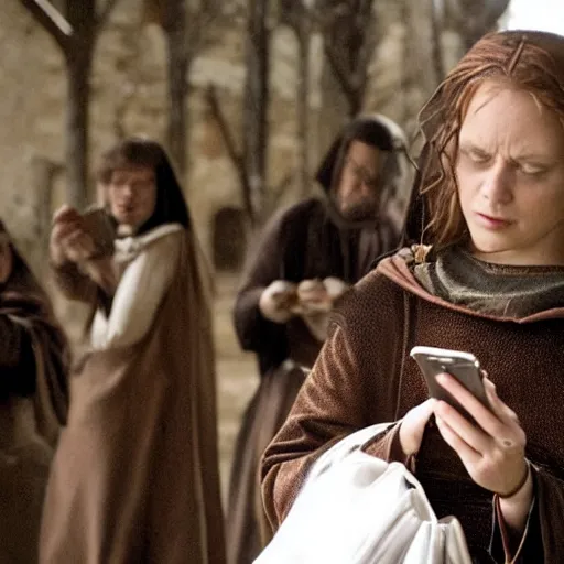 Prompt: scene from a 2 0 1 0 film set in 1 3 0 0 showing a woman using a mobile phone