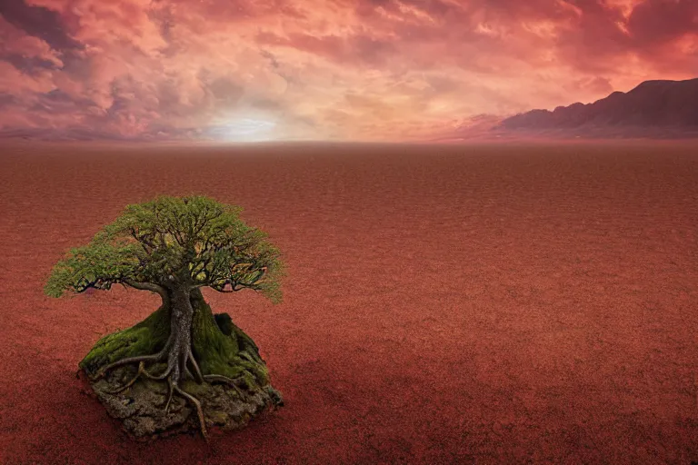 Image similar to a fantasy landscape by rocha, andreas, red autumn maple bonsai in a barren death valley landscape, cloudy sunset, by brian froud and jessica rossier and hr giger