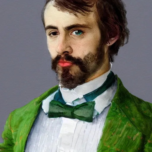 Image similar to Portrait of a handsome man with mutton chops. wearing a green suit. colorful necktie, pale white face, long messy hair, ((red)) baggy eyes, tired face, watercolor, brushstrokes, high detail, artstation, background yellow and blue, medium detail, by Ilya Repin