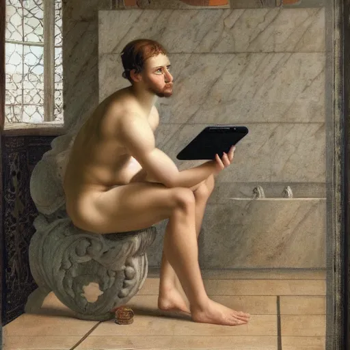 Prompt: a young man sitting on a white marble toilet attentively staring at his smartphone, distant thoughtful look, renaissance painting