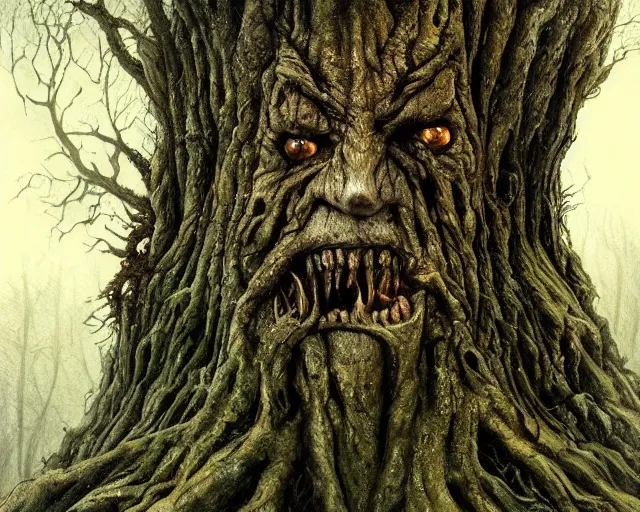 Image similar to a talking oak tree, huge face in the bark, eyes in the bark, mouth in the bark, horror concept art, sharp teeth, digital painting, oil painting, hyperrealistic, treebeard, ent, undead, fantasy monster, moonlight, in the forest, by alan lee, by artgerm