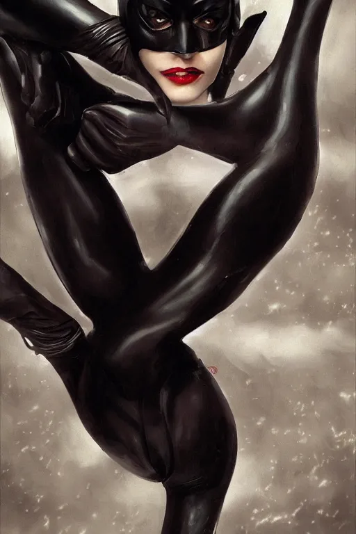 Image similar to beautiful aesthetic portrait of Catwoman from Batman returns crawling toward camera by wlop and Julia Razumova, first person perspective, deviantArt, trending on artstation, artstation HQ