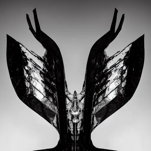 Prompt: “a dark desaturated photograph of a vaguely winged asymmetrical sculpture made of glossy black liquid latex, asphalt and metal, the shape of the wings resembles an intricate black metal logo, designed by helmut lang and junya watanabe, asymmetrical cinematic composition, 8k hyperrealistic, hyper-detailed, 10mm camera, highly textured, dark volumetric lighting, fine details, muted, octane render” — h 768 - n 9