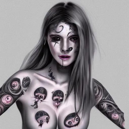 Image similar to Hot young woman, grey skin, void eyeballs, tattoos, hugging someone to her chest concept art, 8k