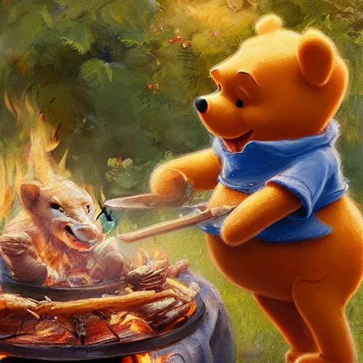 Image similar to close up of winnie the pooh cooking a whole hog roast over a fire, cinematographic shot, by daniel f. gerhartz