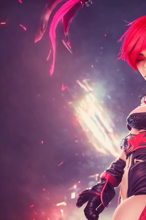 Image similar to a girl with short red hair, cool, vi from arcane, league of legends, fighter, cool red jacket, tattoo, beautiful, 3 d, potrait, art staion, studio light, closeup shot, octane render, wlop, realistic, neon