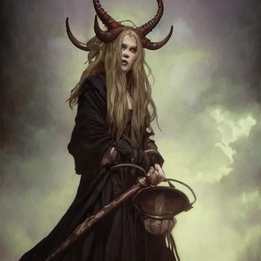 Image similar to masterpiece portrait of a surly and resentful female tiefling thief with horns clothed in ragged clothes and a cloak, by Greg Rutkowski and John Collier and Krenz Cushart and Artem Demura and Alphonse Mucha and Albert Aublet, as seen on ArtStation, 4k, dungeons and dragons, very aesthetic, very detailed, intricate, unreal, fantasy, dramatic, painterly, artstation, sharp focus, smooth