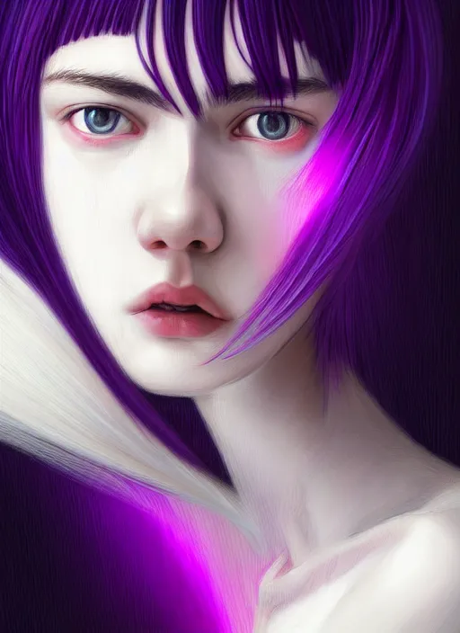 Image similar to hair whitebangs hair, black hair, blackbangswhitehair, portrait of teenage girl with white bangs, red irises, purple clothes, white bangs, bangs are different color from hair, intricate, elegant, glowing lights, highly detailed, digital painting, artstation, concept art, sharp focus, illustration, art by wlop, mars ravelo and greg rutkowski