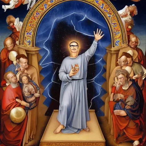 Image similar to hank hill in a white tshirt as the saint of propane surrounded by blue fire, renaissance religious painting, painting by carlo crivelli, late gothic religious paintings, byzantine religious art, trending on artstation