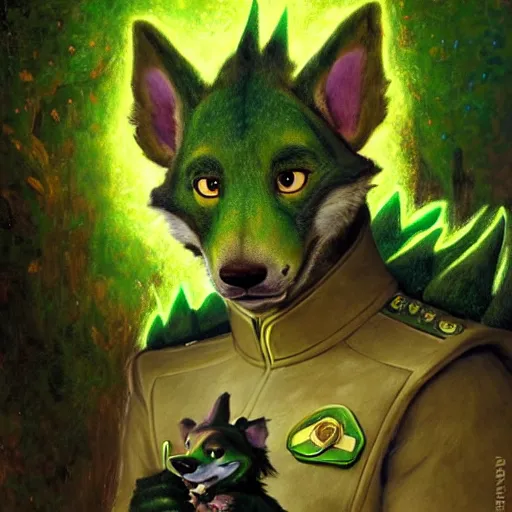 Prompt: a portrait of a male green canine dragon in starfleet uniform at night in a dark forest. zootopia fursona furaffinity furry art detailed face painting by gaston bussiere craig mullins jc leyendecker gustav klimt artgerm greg rutkowski furry