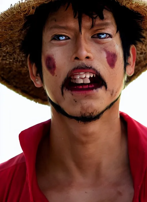 Image similar to A full portrait photo of real-life luffy one piece, f/22, 35mm, 2700K, lighting, perfect faces, award winning photography.