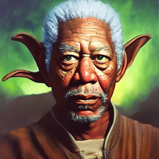 Prompt: ultra realistic portrait painting of morgan freeman as yoda, art by frank frazetta, 4 k, ultra realistic, highly detailed, epic lighting