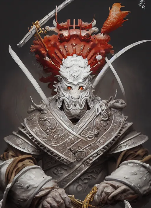 Prompt: subsurface scattering, white, koi, samurai deity with koi armor, octane render, by jesper ejsing, james jean, justin gerard, tomasz alen kopera, cgsociety and fenghua zhong, highly detailed, rim light, cinematic lighting, art, very coherent, cinematic, hyper realism, high detail, 8 k