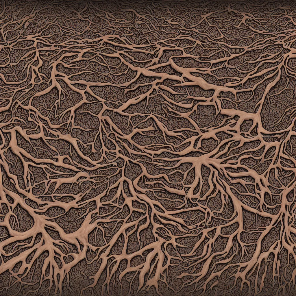 Prompt: a digital topdown painting of nightmare horror mud with bricks thick tree roots and many muddy body parts, faces rising from the ground.