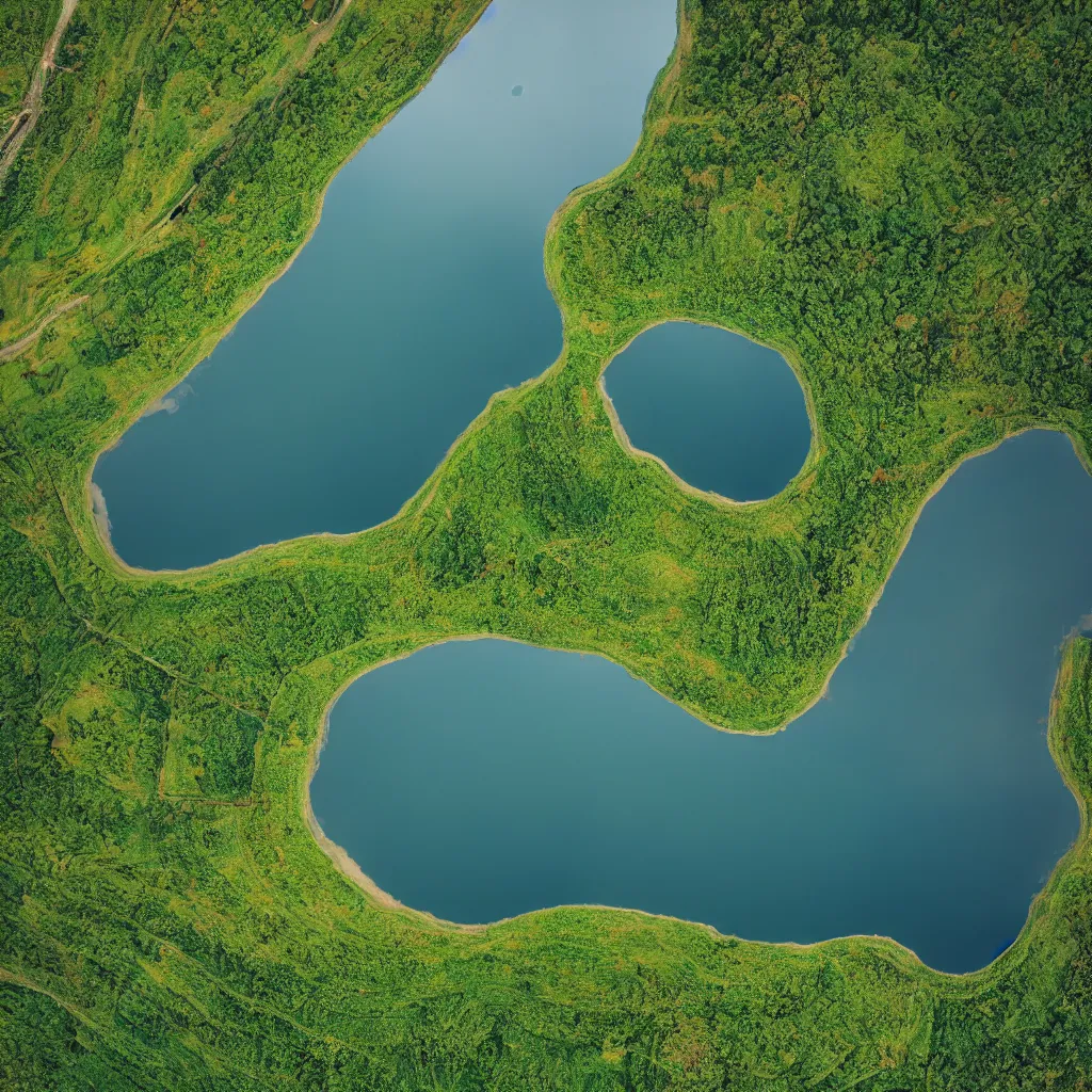 Prompt: ariel view of peninsula, cloud reflection, lake, fields, nature, very detailed, 4 k, professional photography