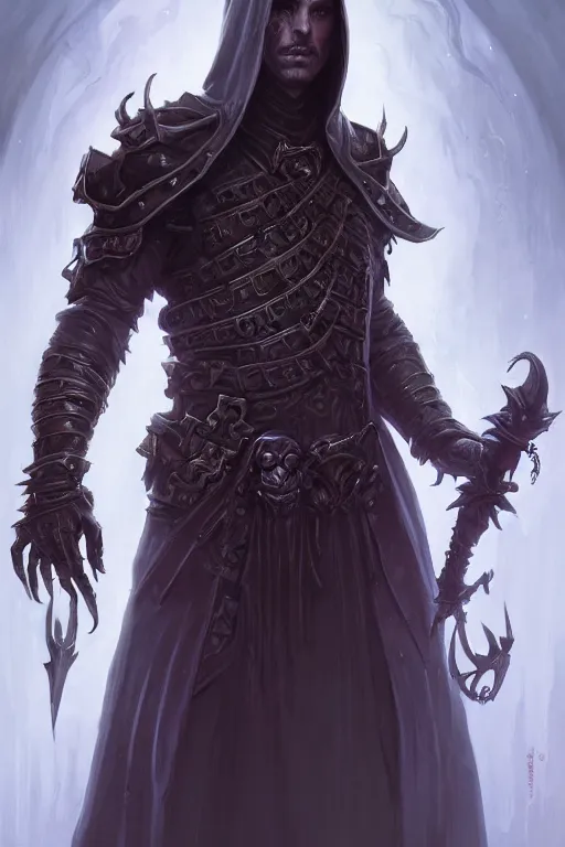 Image similar to male necromancer, full body shot, hood, d & d, fantasy, horror intricate, elegant, highly detailed, digital painting, artstation, concept art, matte, sharp focus, illustration, hearthstone, art by artgerm and greg rutkowski and alphonse mucha