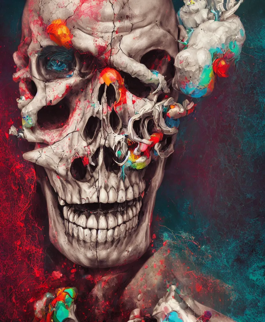 Prompt: Portrait Skull Clown, high detail, deviantart, artstation, octane render, cinematic, hyper realism, 8k, depth of field, artstation, concept art, illustration, vibrant colors, by Tristan Eaton Stanley Artgerm and Tom Bagshaw