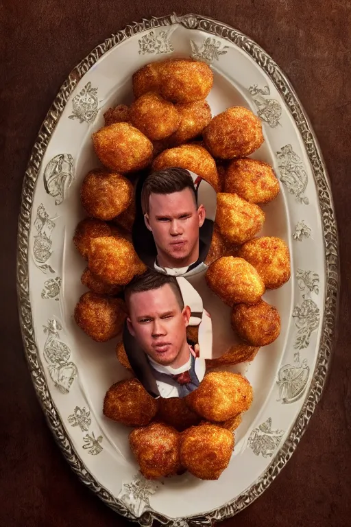 Prompt: a tater tot on a plate with channing tatum face, intricate, 8 k highly professionally detailed, hdr, cgsociety