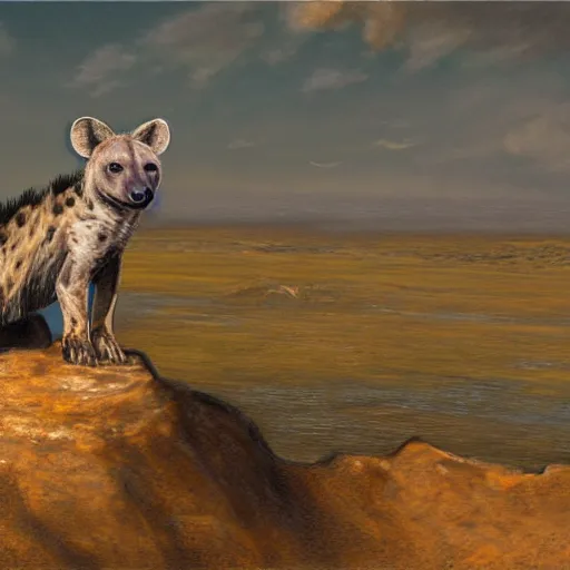 Image similar to concept art of an hyena standing on a rock looking out the horizon of the savana, realism, drawing