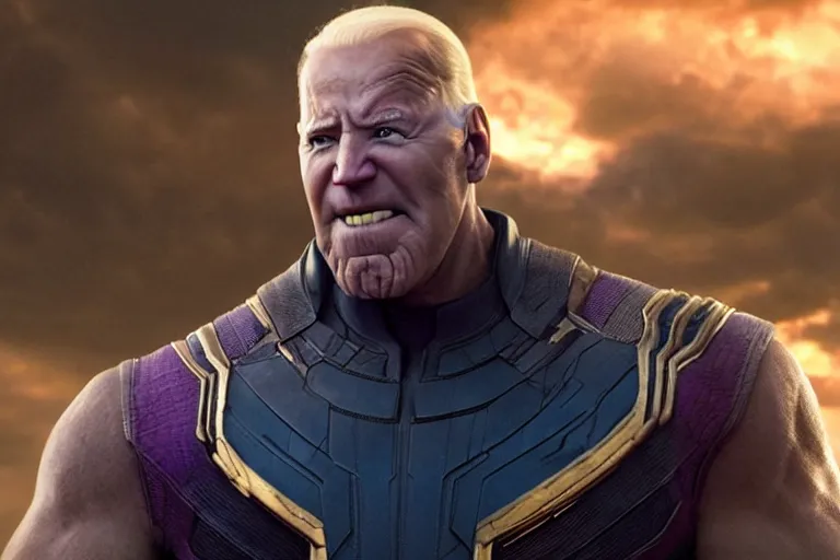 Prompt: promotional image of a bald Joe Biden as Thanos in Avengers: Endgame (2019), dynamic action shot, movie still frame, promotional image, imax 70 mm footage