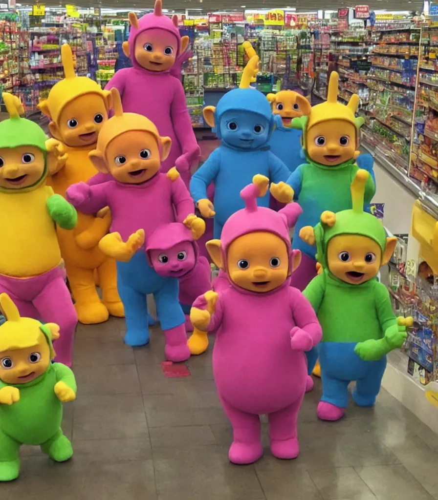 Prompt: teletubbies at tesco buying pasta