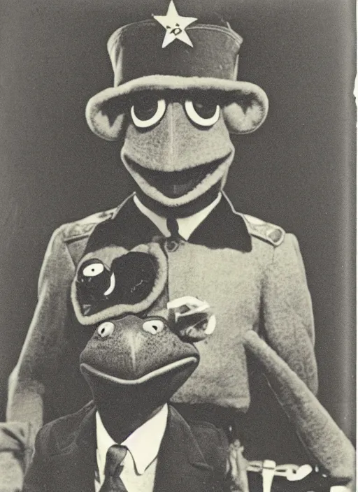 Prompt: grainy 1940’s WWII military portrait of an anthropomorphic frog muppet dressed like a soldier, professional portrait HD, frog, frog head, authentic, Kermit, muppet weird