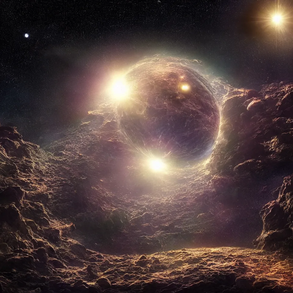 Image similar to beautiful image of the first day of creation of the world and matter in the dark deep space, light and darkness separated, planets, under a black night sky of astronomical glittering starlight in the outer reaches of the solar system beyond, trending on artstation, octane render, symmetry by raqib shaw