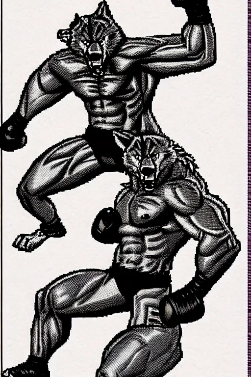 Prompt: extreme long shot. 8 bit nes graphics. antropomorphic muscular masculine wolf. kickboxer fighter, in shorts. wolf head. furr on body. art from nes game cartridge