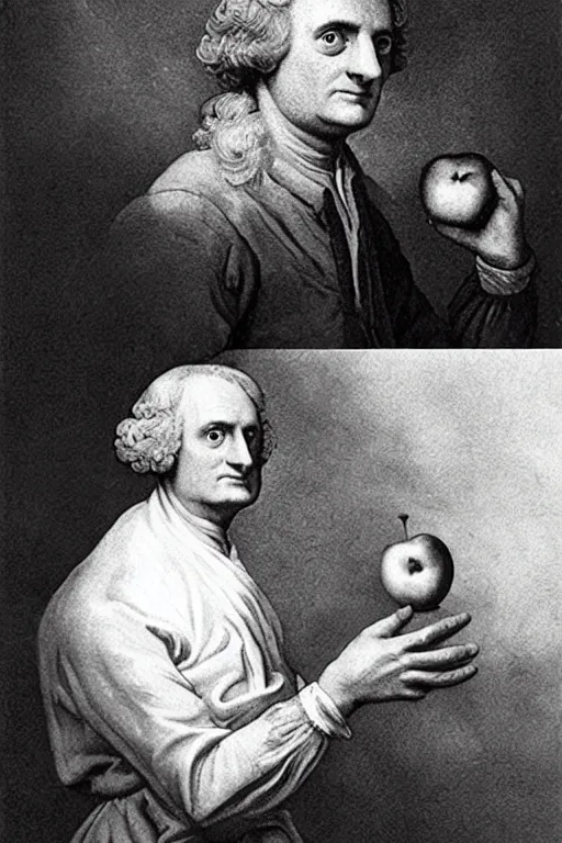 Image similar to isaac newton holding an apple, collage