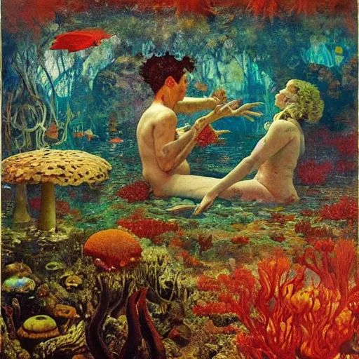 Image similar to a a beautiful underwater portrait of two lovers surrounded by smoke mushrooms and coral reefs and crystals and plants, painting part by wojciech siudmak, part by ilya repin, part by max ernst, part by norman rockwell