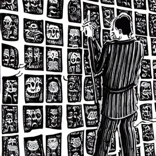 Image similar to close-up scene neighbor holding a drill and drilling holes in a room, all wall is drilled with holes, manga, black and white manga horror in style of junji ito, kentaro miura