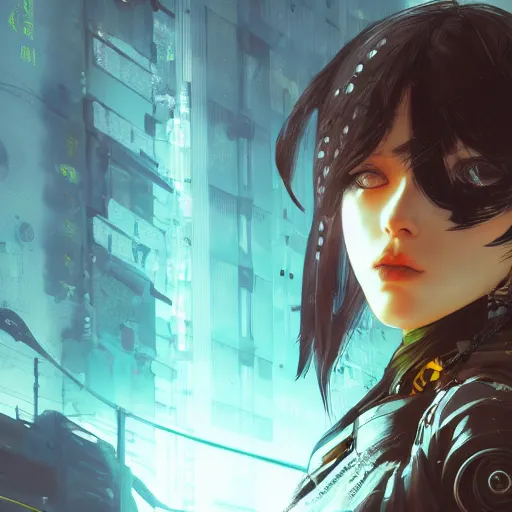 Image similar to highly detailed portrait of a post-cyberpunk young lady by Akihiko Yoshida, Greg Tocchini, 4k resolution, Nier inspired, yellow, black, brown and cyan color scheme