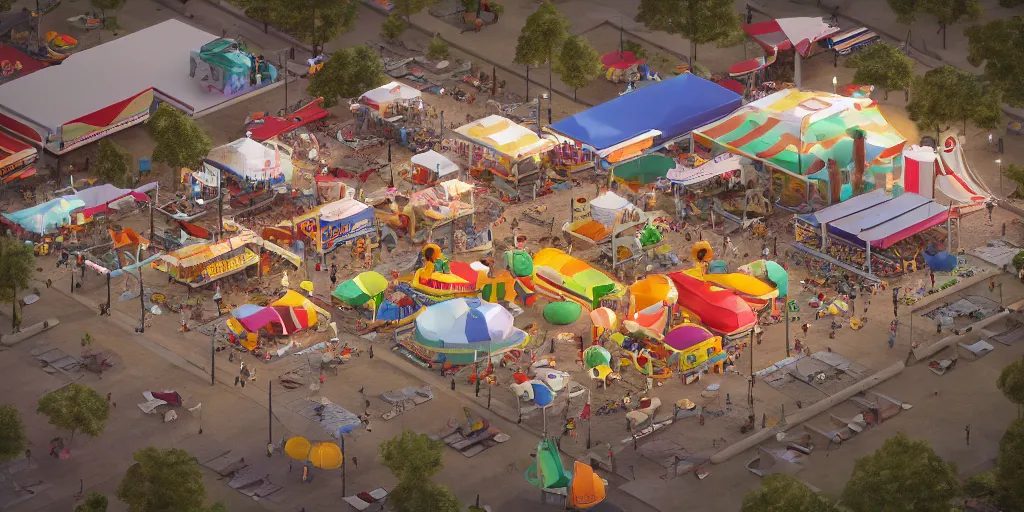 Image similar to isometric 3 d rendering of a county fair, art deco, octane render, trending on artstation,