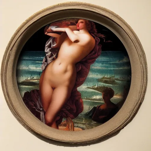 Image similar to fish eye of the birth of venus looking at me, dark lighting