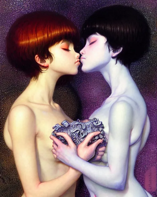 Prompt: portrait of two beautiful cute young maiden girls kissing with short white hairs in warhammer armor, art by ( ( ( kuvshinov ilya ) ) ) and wayne barlowe and gustav klimt and artgerm and wlop